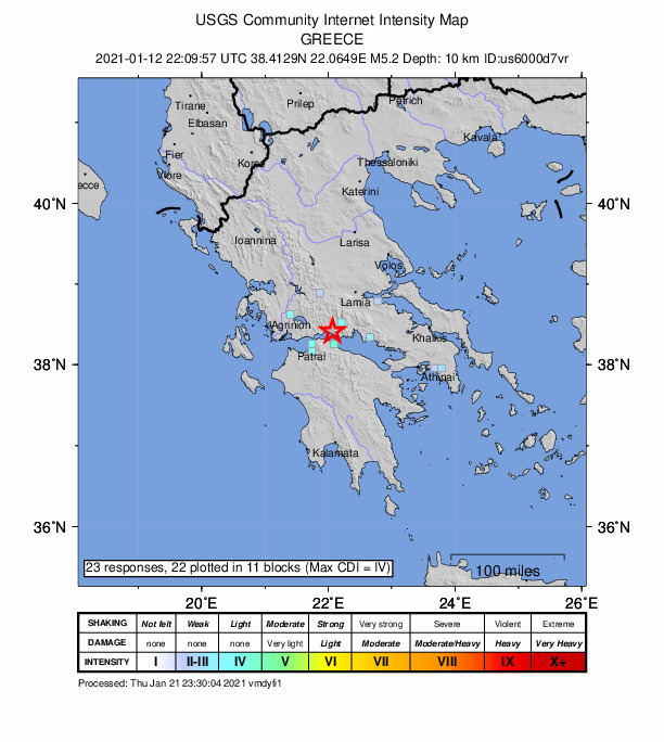 USGS DYFI community-reported intensity map for the M5.2 earthquake near 13 km NNE of Kamárai, Greece