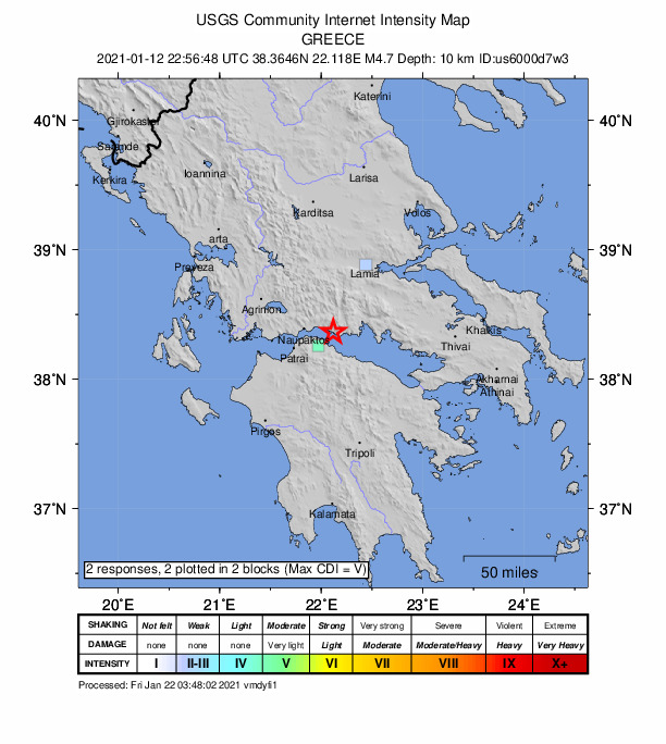 USGS DYFI community-reported intensity map for the M4.7 earthquake near 12 km NNE of Rododáfni, Greece