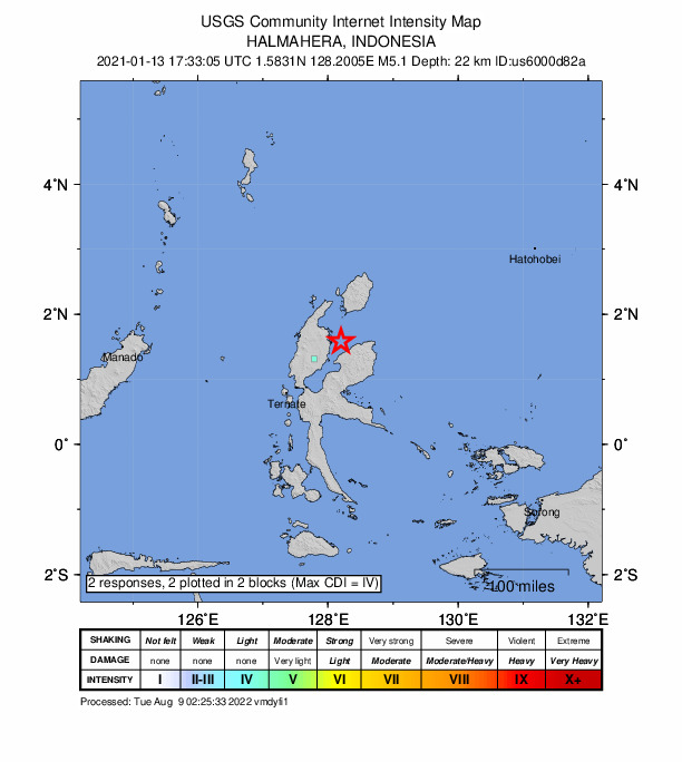 USGS DYFI community-reported intensity map for the M5.1 earthquake near 26 km SE of Tobelo, Indonesia