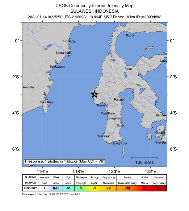 USGS DYFI community-reported intensity map for the M5.7 earthquake near 33 km S of Mamuju, Indonesia