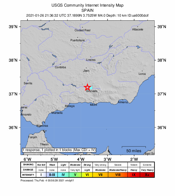 USGS DYFI community-reported intensity map for the M4.0 earthquake near 2 km ESE of Chauchina, Spain