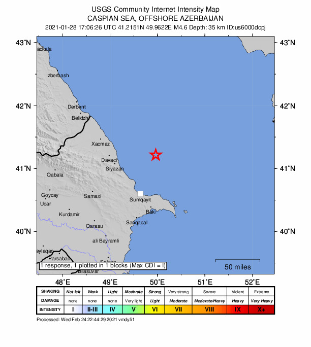 USGS DYFI community-reported intensity map for the M4.6 earthquake near 60 km NE of ?uraabad, Azerbaijan
