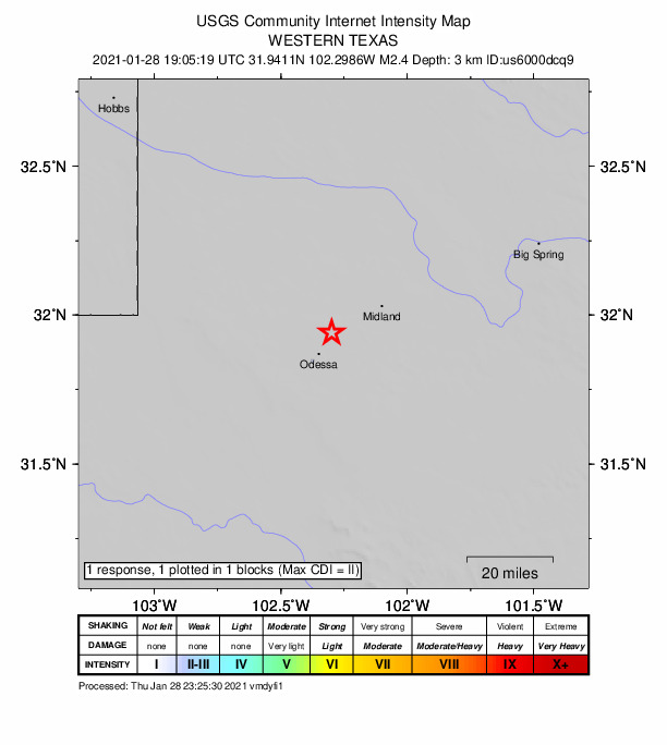 USGS DYFI community-reported intensity map for the M2.4 earthquake near 11 km SE of Gardendale, Texas