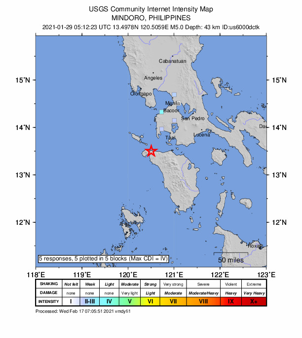 USGS DYFI community-reported intensity map for the M5.0 earthquake near 9 km NE of Harrison, Philippines