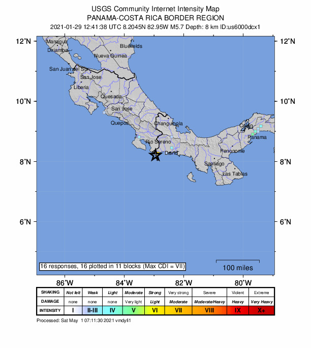 USGS DYFI community-reported intensity map for the M5.7 earthquake near 12 km SW of Puerto Armuelles, Panama