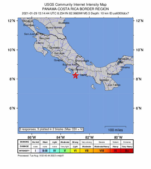 USGS DYFI community-reported intensity map for the M5.5 earthquake near 12 km WSW of Puerto Armuelles, Panama