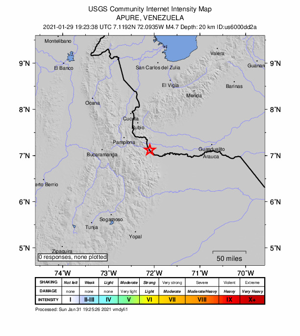 USGS DYFI community-reported intensity map for the M4.6 earthquake near 7 km NNE of Cubará, Colombia