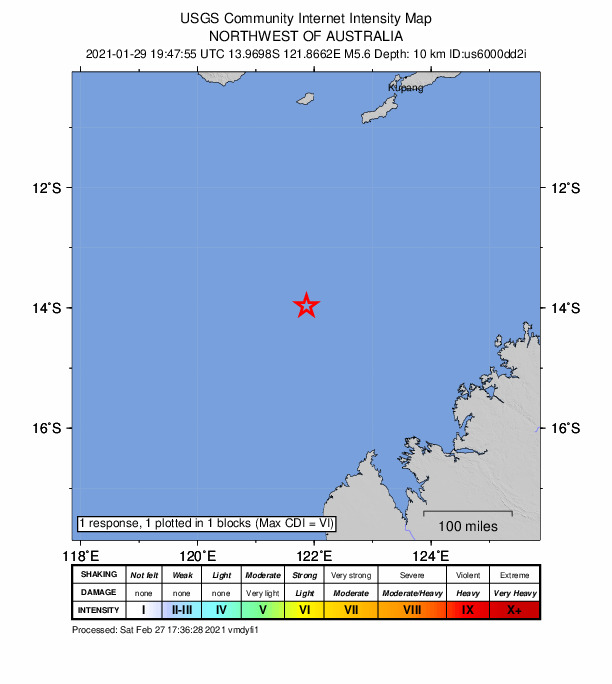 USGS DYFI community-reported intensity map for the M5.7 earthquake near northwest of Australia