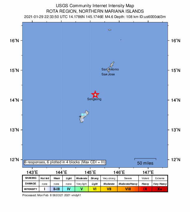 USGS DYFI community-reported intensity map for the M4.6 earthquake near 77 km NNE of Yigo Village, Guam