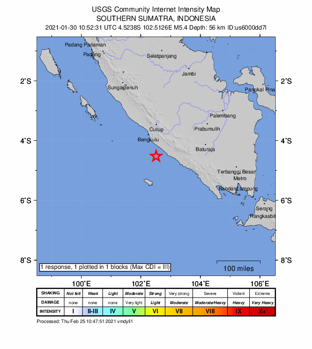 USGS DYFI community-reported intensity map for the M4.9 earthquake near 84 km SSE of Bengkulu, Indonesia