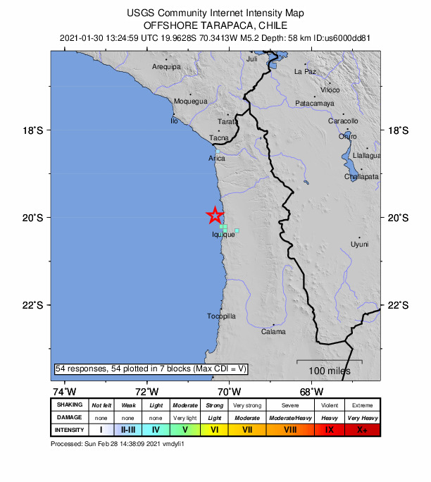 USGS DYFI community-reported intensity map for the M5.2 earthquake near 35 km NW of Iquique, Chile