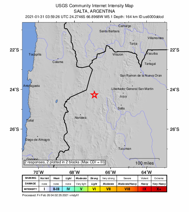 USGS DYFI community-reported intensity map for the M4.9 earthquake near 61 km W of San Antonio de los Cobres, Argentina