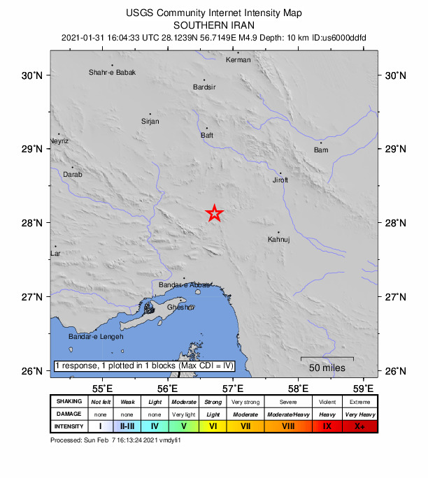 USGS DYFI community-reported intensity map for the M4.9 earthquake near 111 km NNE of Bandar Abbas, Iran