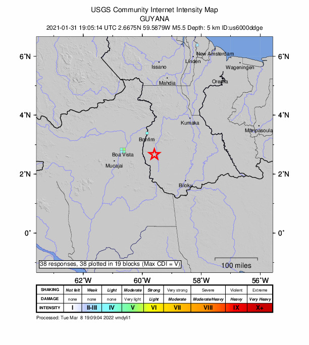 USGS DYFI community-reported intensity map for the M5.5 earthquake near 82 km SSE of Lethem, Guyana