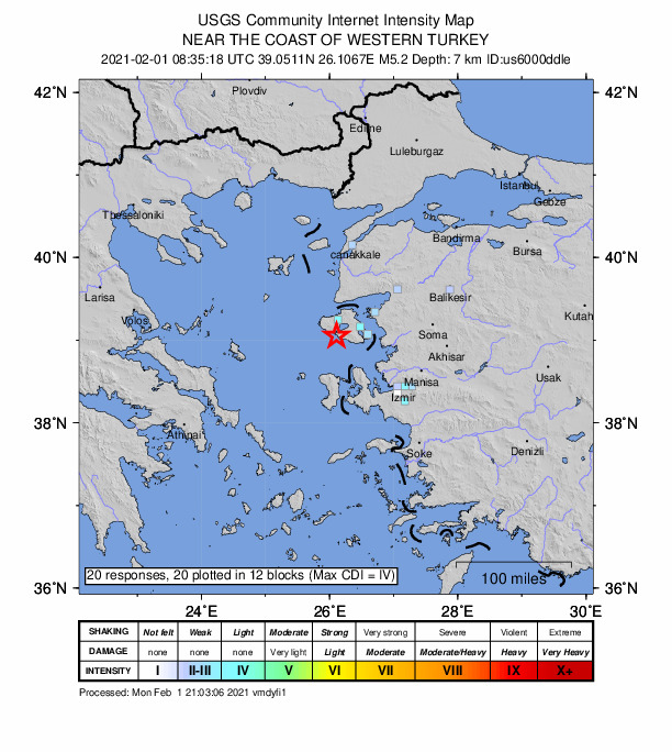 USGS DYFI community-reported intensity map for the M5.2 earthquake near 11 km SW of Polichnítos, Greece
