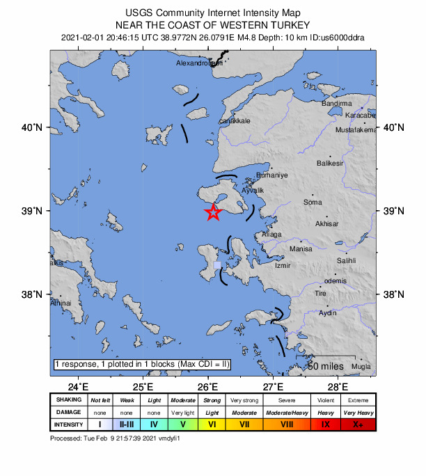 USGS DYFI community-reported intensity map for the M4.8 earthquake near 14 km SW of Polichnítos, Greece