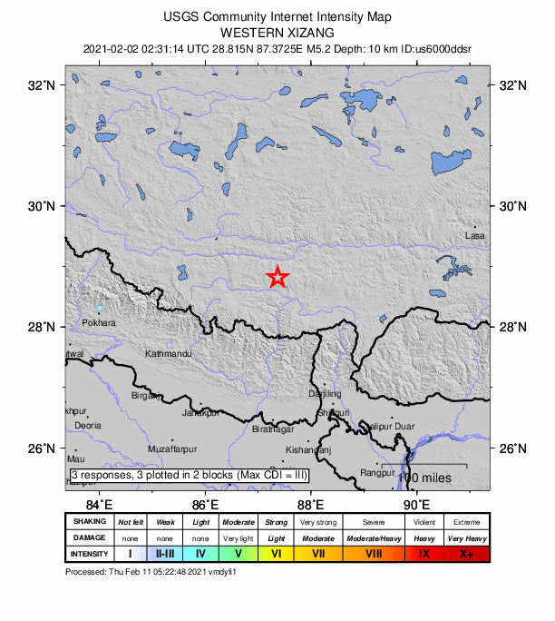 USGS DYFI community-reported intensity map for the M5.0 earthquake near 110 km NNE of Lobujya, Nepal