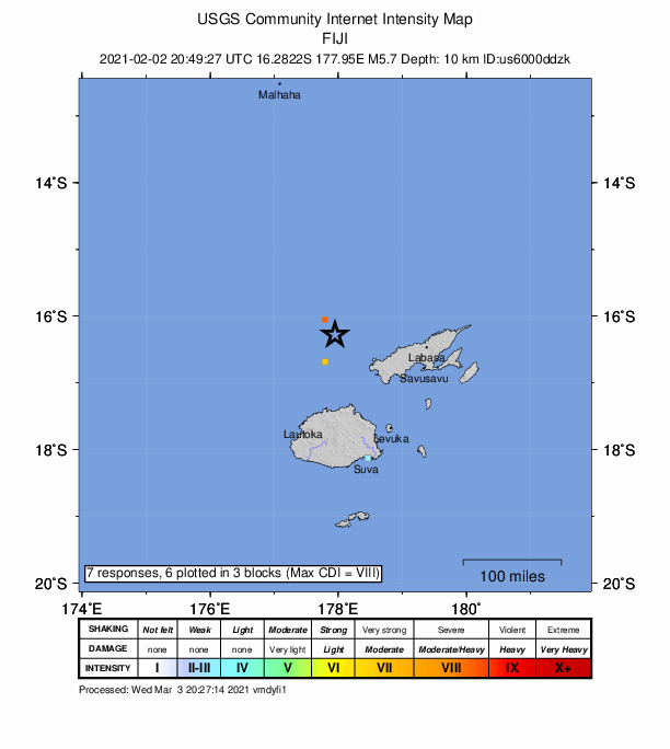 USGS DYFI community-reported intensity map for the M5.8 earthquake near 141 km NNE of Ba, Fiji