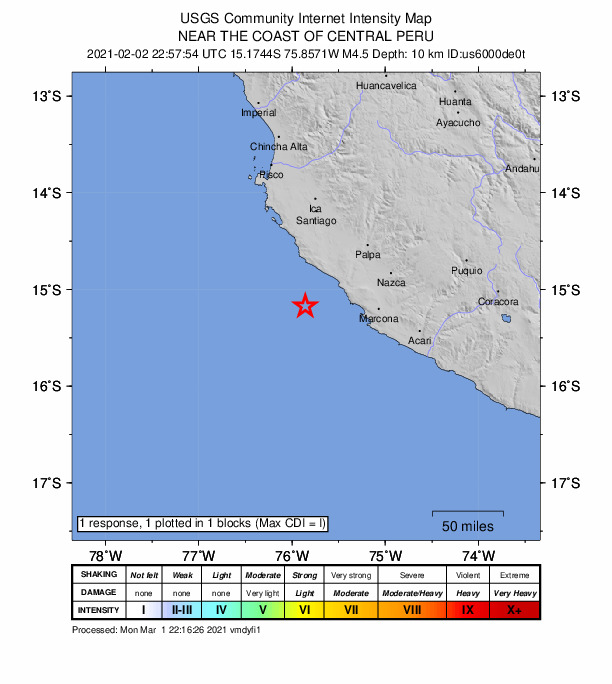 USGS DYFI community-reported intensity map for the M4.5 earthquake near 77 km WNW of San Juan, Peru