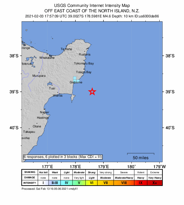 USGS DYFI community-reported intensity map for the M4.6 earthquake near 64 km SE of Gisborne, New Zealand
