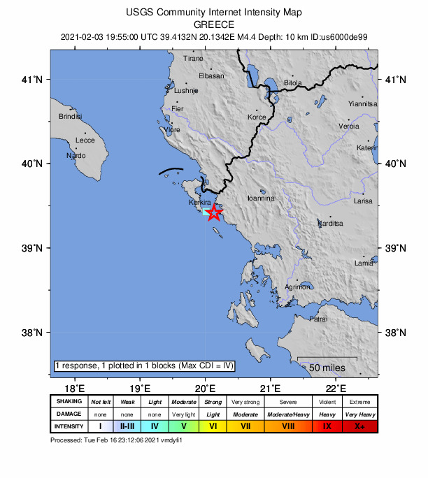 USGS DYFI community-reported intensity map for the M4.4 earthquake near 5 km ESE of Lefkímmi, Greece