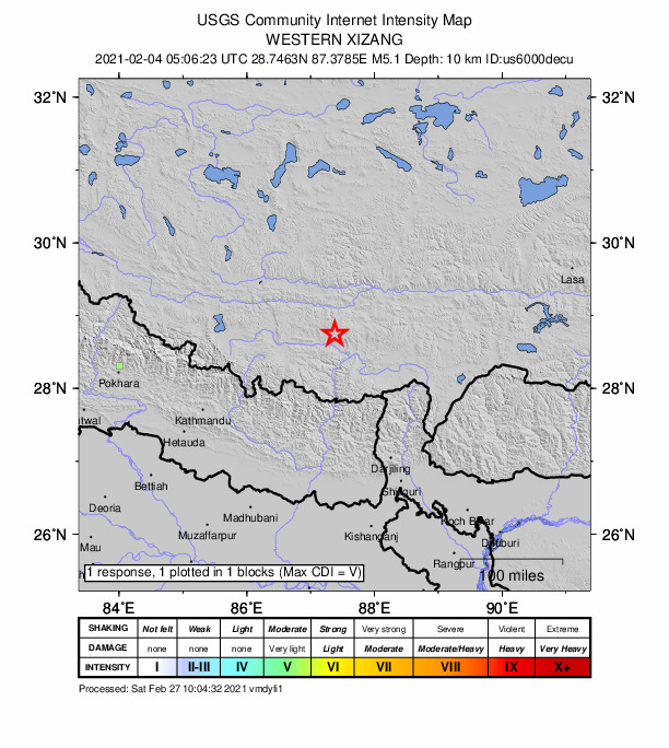 USGS DYFI community-reported intensity map for the M5.1 earthquake near 104 km NNE of Lobujya, Nepal