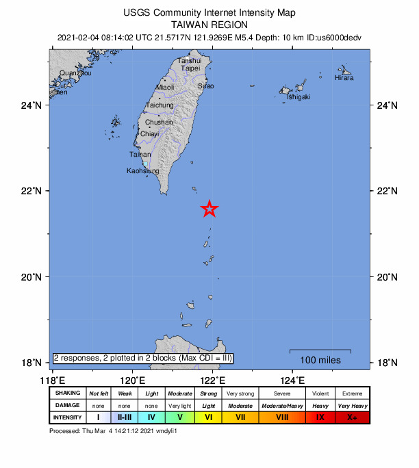 USGS DYFI community-reported intensity map for the M5.4 earthquake near 123 km N of Basco, Philippines
