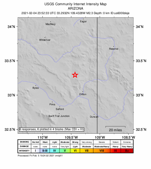 USGS DYFI community-reported intensity map for the M2.2 earthquake near 24 km NNW of Morenci, Arizona