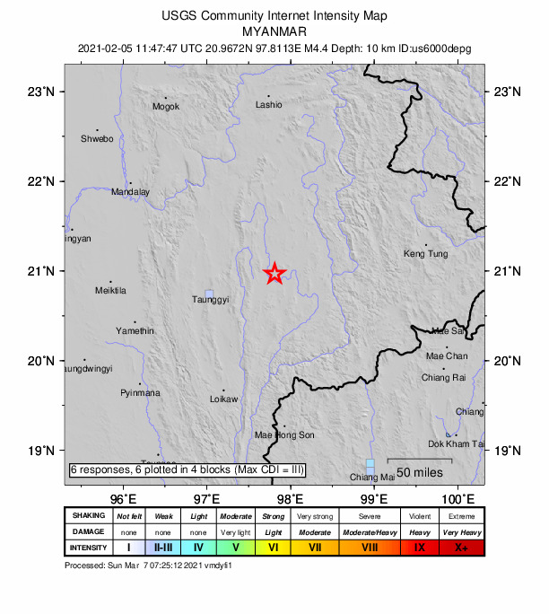 USGS DYFI community-reported intensity map for the M4.7 earthquake near 83 km ENE of Taunggyi, Myanmar