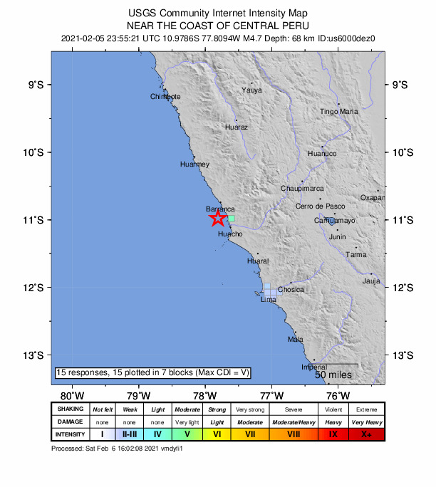 USGS DYFI community-reported intensity map for the M4.7 earthquake near 23 km W of Végueta, Peru