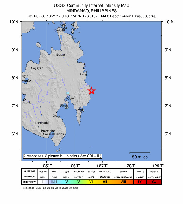 USGS DYFI community-reported intensity map for the M4.6 earthquake near 8 km SE of Baganga, Philippines