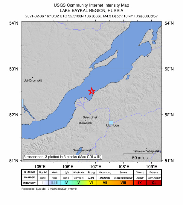 USGS DYFI community-reported intensity map for the M4.3 earthquake near 44 km SE of Yelantsy, Russia