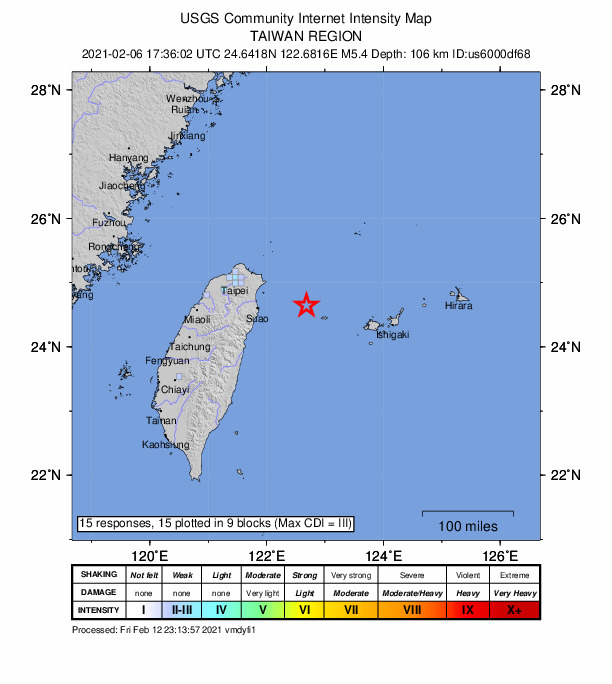 USGS DYFI community-reported intensity map for the M5.4 earthquake near 45 km NW of Yonakuni, Japan
