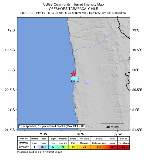 USGS DYFI community-reported intensity map for the M3.7 earthquake near 13 km NNW of Iquique, Chile