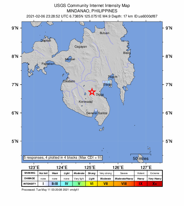 USGS DYFI community-reported intensity map for the M4.9 earthquake near 12 km WSW of Magsaysay, Philippines