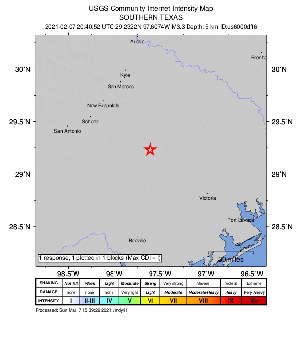 USGS DYFI community-reported intensity map for the M3.2 earthquake near 8 km ESE of Smiley, Texas
