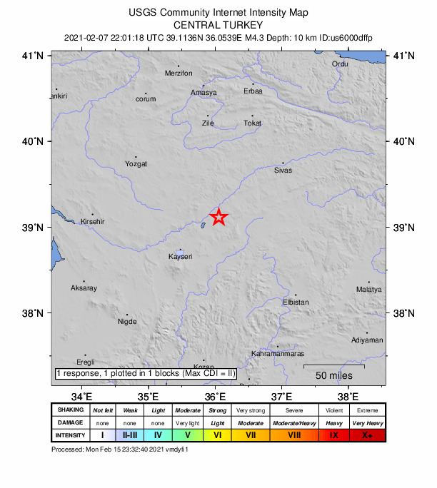 USGS DYFI community-reported intensity map for the M4.3 earthquake near 7 km SSW of Gemerek, Turkey