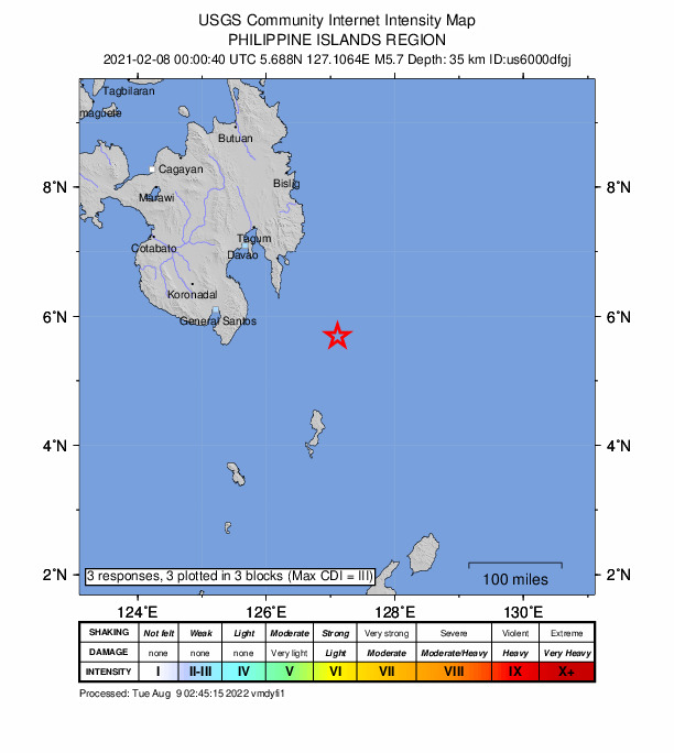 USGS DYFI community-reported intensity map for the M5.7 earthquake near 126 km SE of Pondaguitan, Philippines