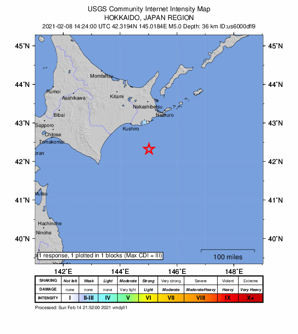 USGS DYFI community-reported intensity map for the M5.0 earthquake near 90 km SE of Kushiro, Japan