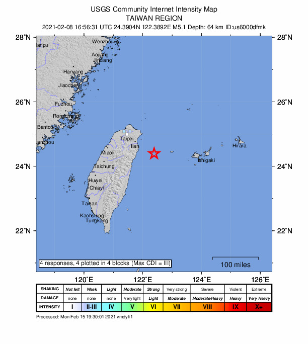 USGS DYFI community-reported intensity map for the M5.1 earthquake near 62 km W of Yonakuni, Japan