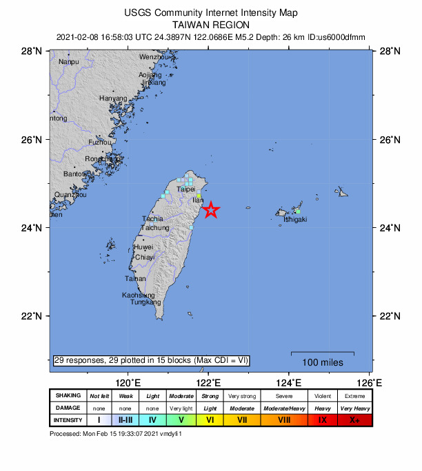 USGS DYFI community-reported intensity map for the M5.2 earthquake near 50 km SE of Yilan, Taiwan