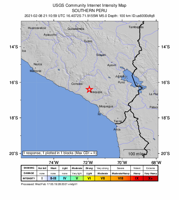 USGS DYFI community-reported intensity map for the M5.0 earthquake near 11 km NW of El Triunfo ( El Cruce), Peru