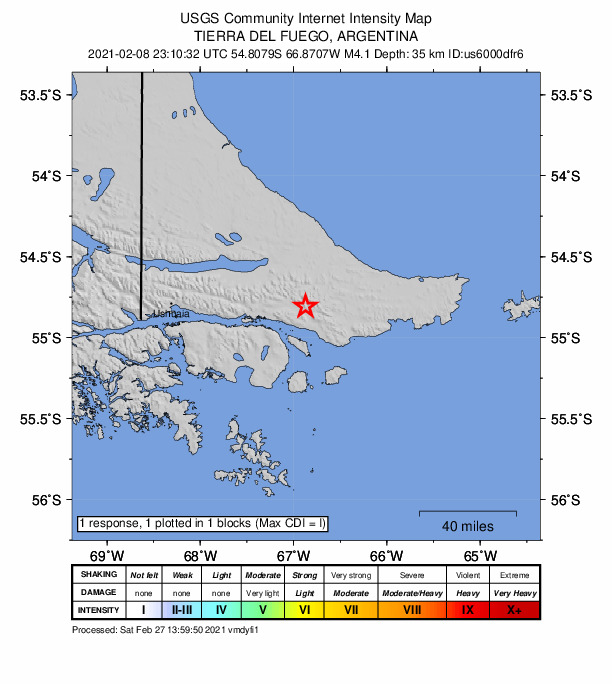 USGS DYFI community-reported intensity map for the M4.2 earthquake near 39 km SSE of Tolhuin, Argentina