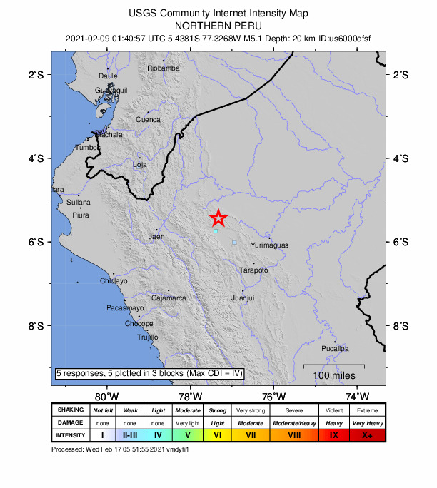 USGS DYFI community-reported intensity map for the M5.1 earthquake near 61 km N of Segunda Jerusalén - Azunguillo, Peru