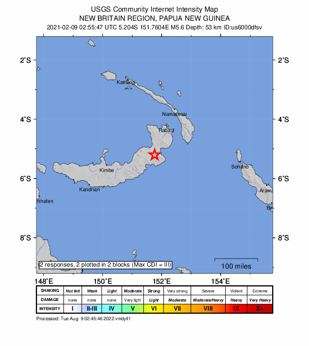 USGS DYFI community-reported intensity map for the M5.6 earthquake near 110 km SSW of Kokopo, Papua New Guinea