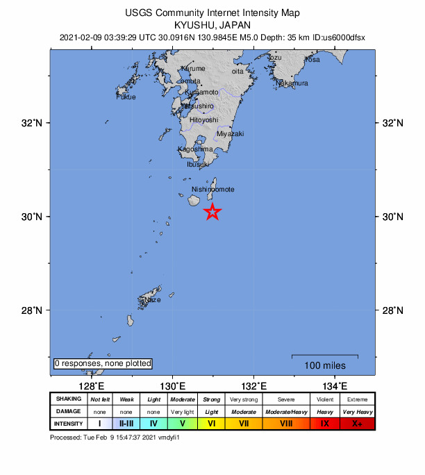 USGS DYFI community-reported intensity map for the M5.0 earthquake near 51 km ESE of Koshima, Japan