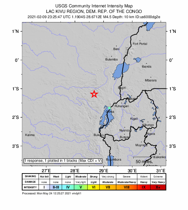 USGS DYFI community-reported intensity map for the M4.5 earthquake near 59 km NW of Sake, Democratic Republic of the Congo
