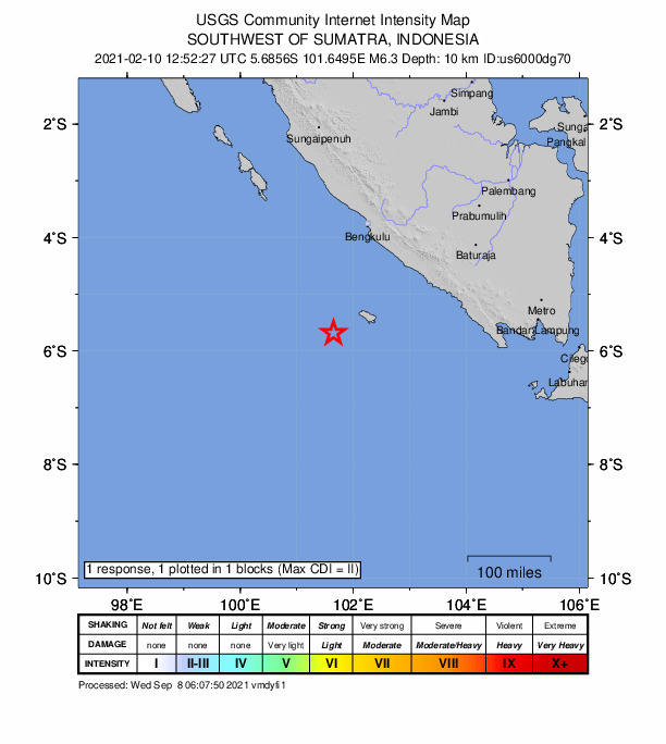 USGS DYFI community-reported intensity map for the M6.3 earthquake near 219 km SSW of Bengkulu, Indonesia
