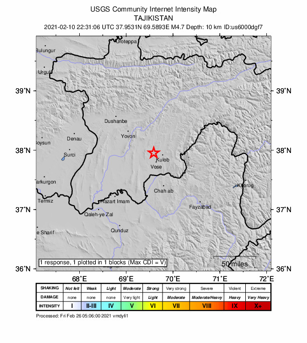 USGS DYFI community-reported intensity map for the M4.7 earthquake near 10 km S of Sovet, Tajikistan