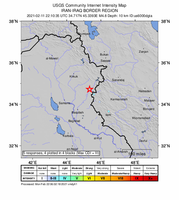 USGS DYFI community-reported intensity map for the M4.8 earthquake near 34 km E of Kifr?, Iraq